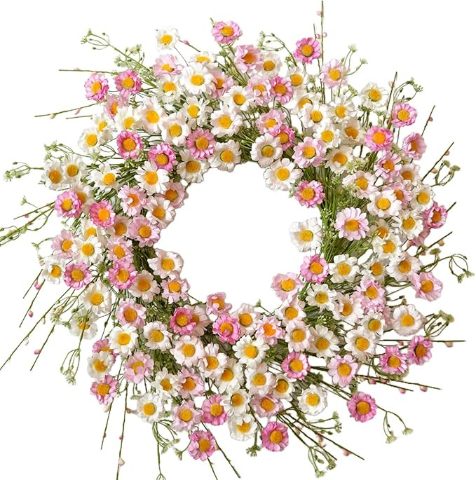 24 Inch Spring Wreaths for Front Door - Artificial Flower Wreath with Baby Pink & Cream Daisy, Su... | Amazon (US)