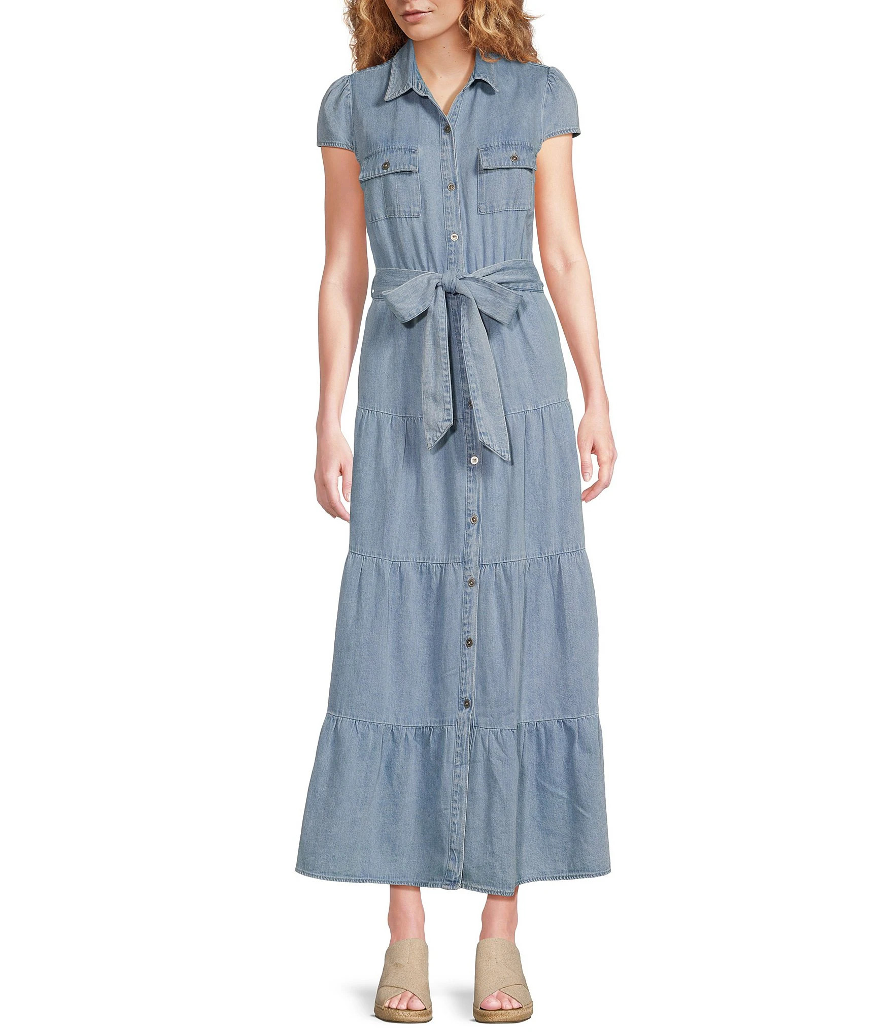 Maxi Point Collar V-Neck Cap Sleeve Light Wash Tiered Denim Maxi Dress | Dillard's
