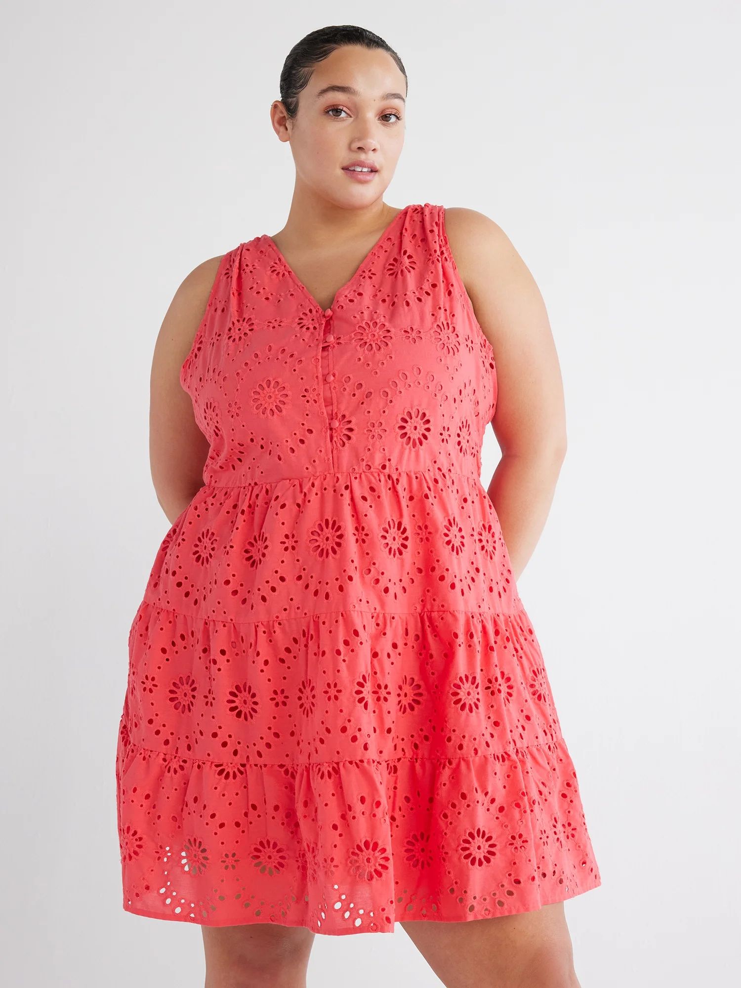 Time and Tru Women's and Women's Plus Cotton Blend Tiered Eyelet Dress, Sizes XS-4X | Walmart (US)