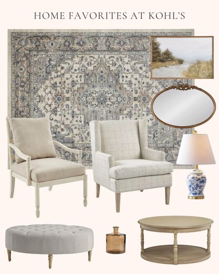Home decor and furniture favorites at Kohl’s. Living room decor. Dining room decor. Blue floral table lamp. Brown glass vase. Table decor. Gold traditional oval ornate wall mirror. Upholstered accent chair. Wooden round coffee table. Farmhouse upholstered accent chair. Oval tufted upholstered ottoman. Persian area rug. Lake walk landscape framed canvas wall art  

#LTKhome