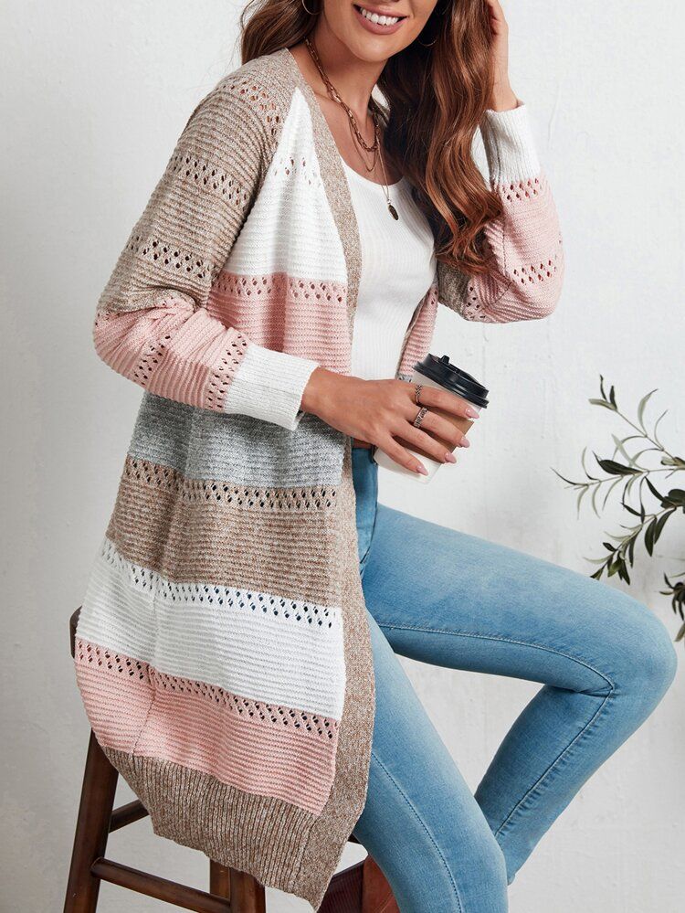 EMERY ROSE Pointelle Knit Colorblock Raglan Sleeve Cardigan | SHEIN