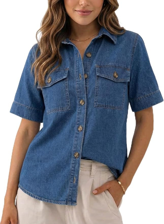 Women Denim Shirt Short Sleeve Button Down Jean Top with Pockets | Amazon (US)