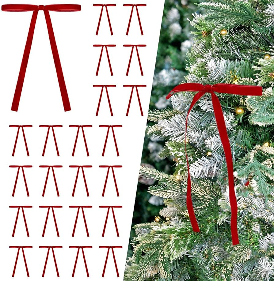 24 Pcs Red Velvet Bows Ornaments for Christmas Tree, Vintage Rustic Elegant Velvet Christmas Bows... | Amazon (US)