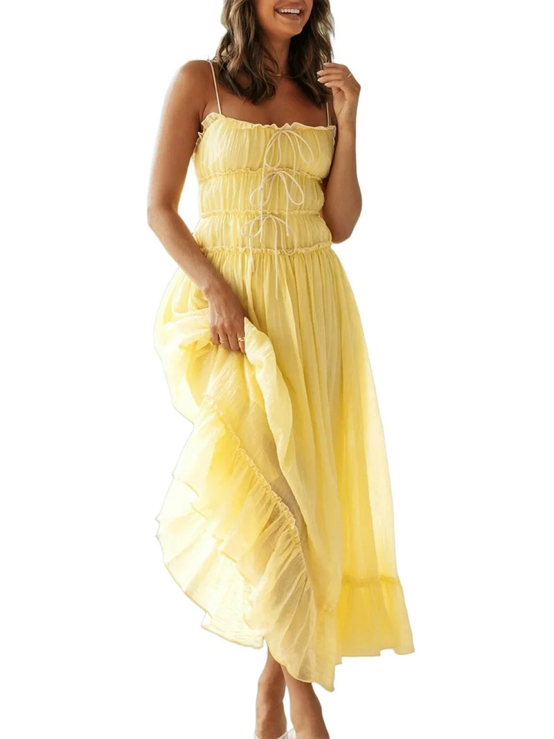 Womens 2025 Summer Casual Sleeveless Spaghetti Strap RIC Rac Trim Smocked Ruffle Beach Long Maxi ... | Walmart (US)