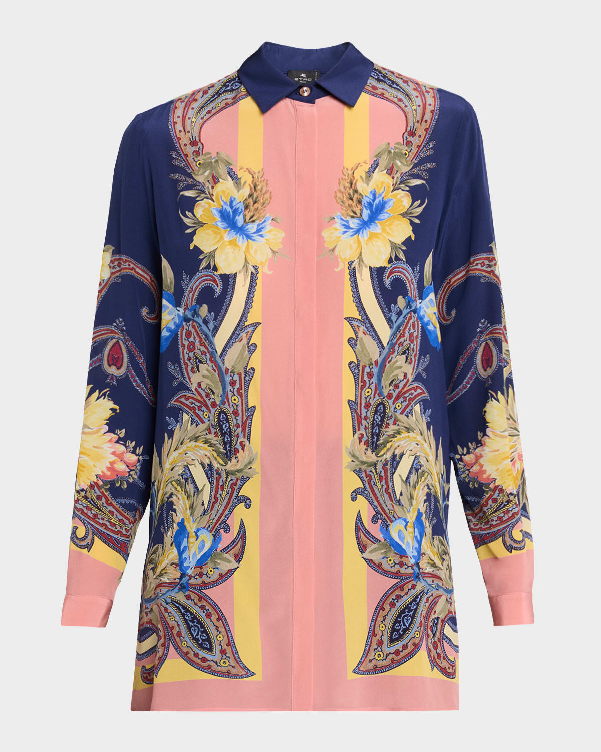 Paisley-Print Silk Button-Down Tunic Shirt | Neiman Marcus