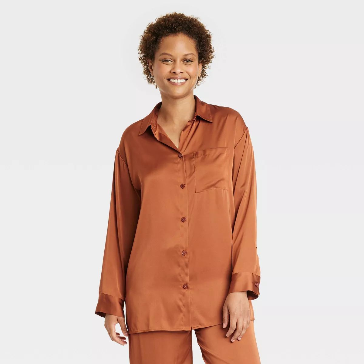 Women's Satin Long Sleeve Button Down Pajama Shirt - Stars Above™ Blue XL | Target