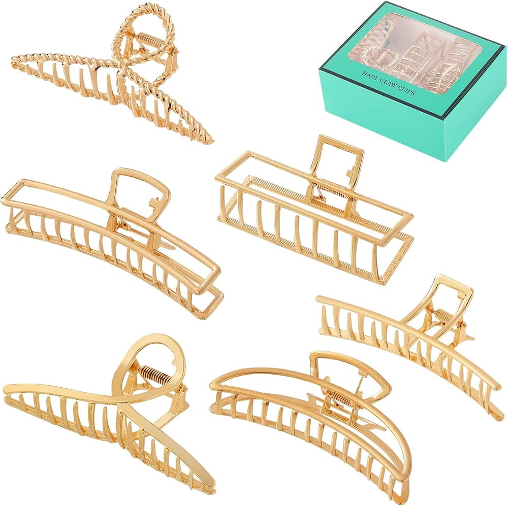 Fuystiulyo 6 Pack Large Metal Hair Claw Clips for Women, Nonslip Gold Hair Clips for Thick Thin H... | Amazon (US)
