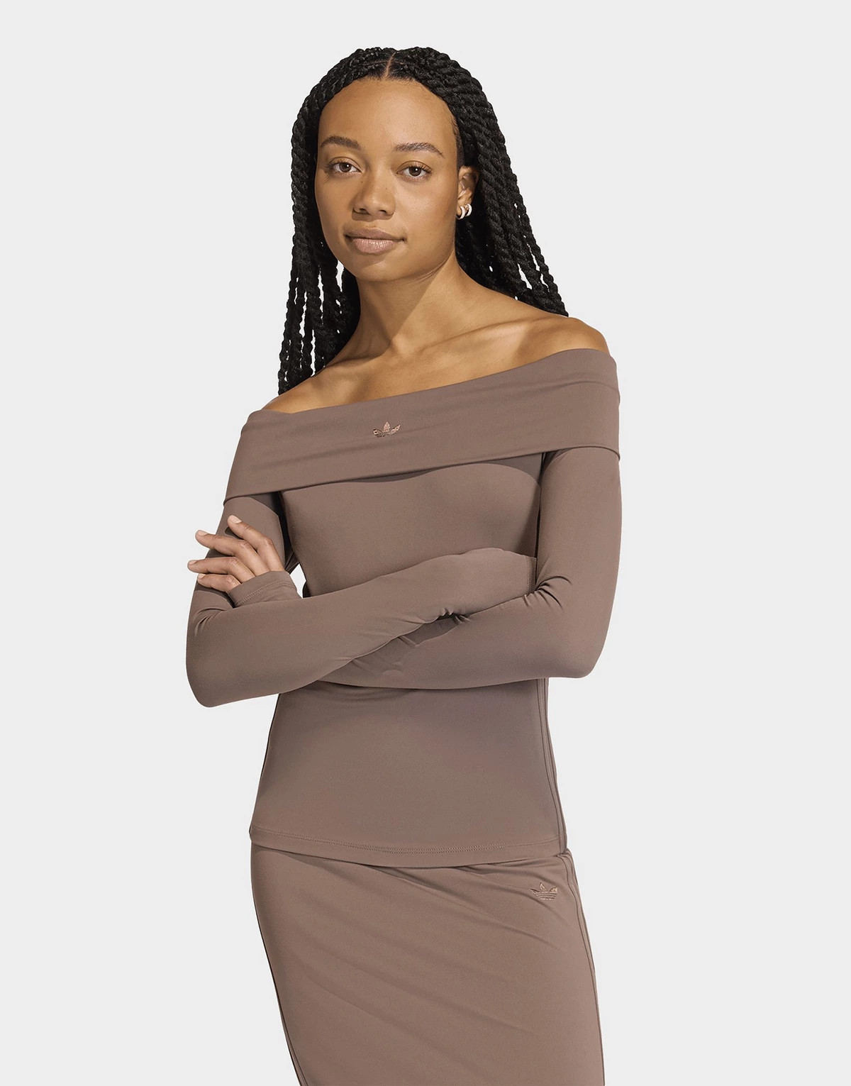 Brown adidas Originals Off-shoulder Long Sleeve Top | JD Sports UK | JD Sports (UK)