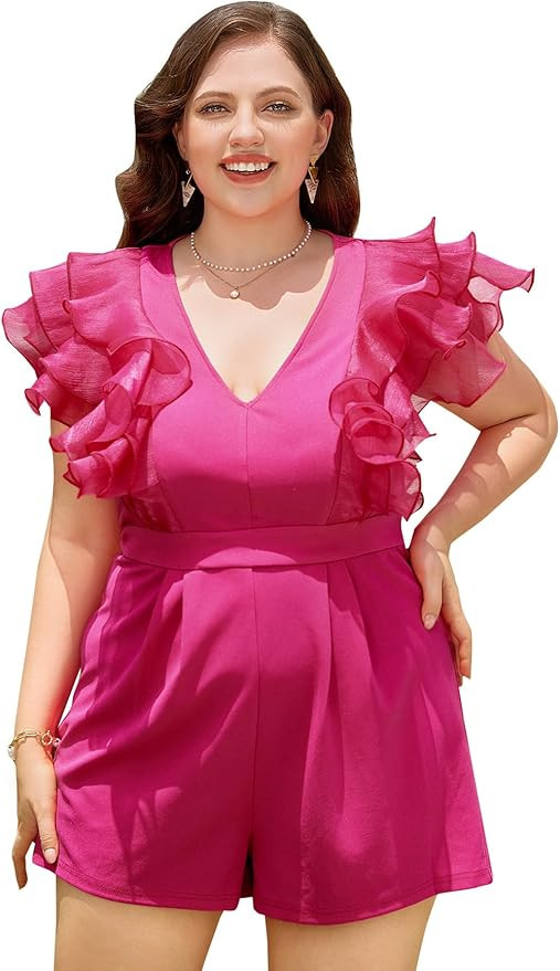 WDIRARA Women's Mesh Layered Ruffle Sleeve V Neck Pleated Solid Rompers Short Jumpsuits | Amazon (US)