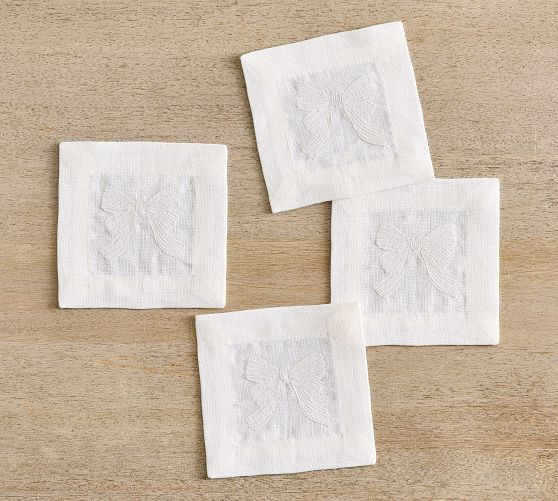 Monique Lhuillier Hope Bow Embroidered Cocktail Napkins - Set of 4 | Pottery Barn (US)