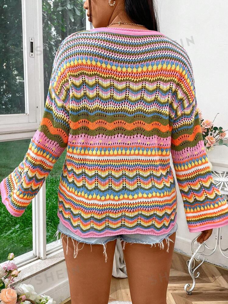 SHEIN WYWH Holiday Colorblock Hollow Out Knitted Plus Size Sweater | SHEIN