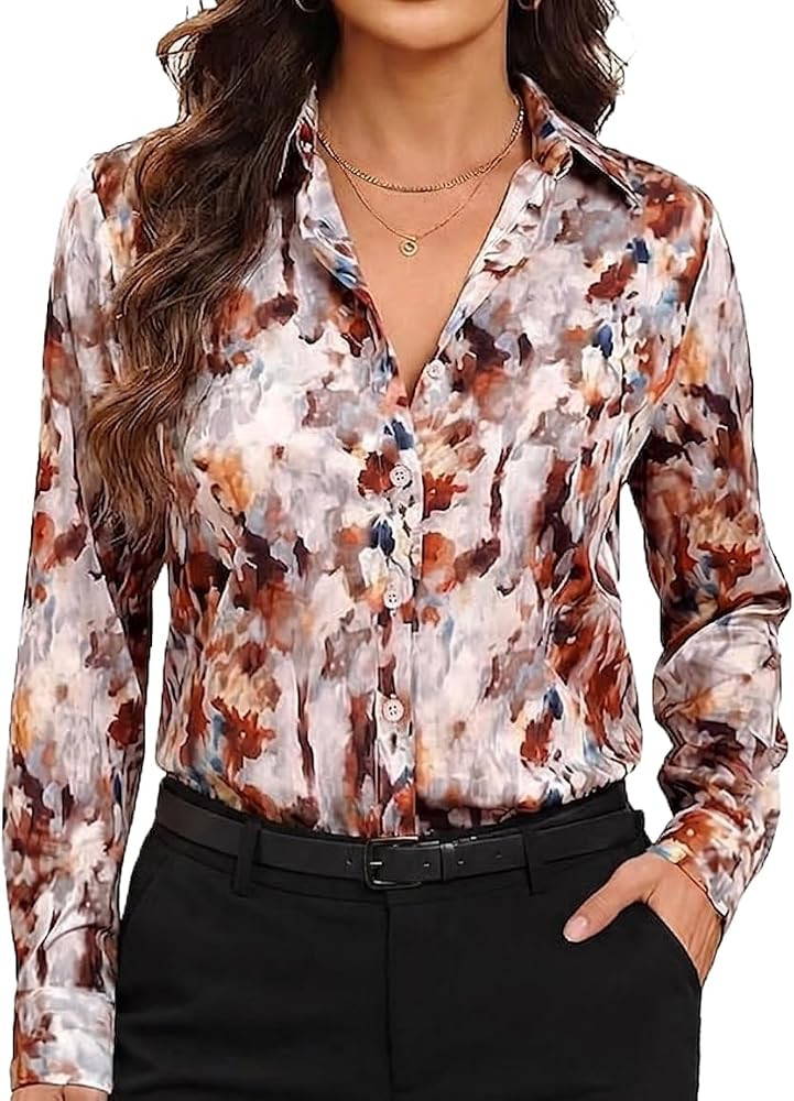 Button Down Shirts for Women Long Sleeve Print Tops Dressy Casual Blouse Floral Work Top Wrinkle ... | Amazon (US)