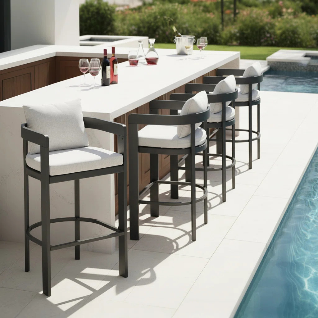 Hodnett Modern Minimalist Iron & Olefin Outdoor Patio Barstool with Ergonomic Cushioning (Set of ... | Wayfair North America