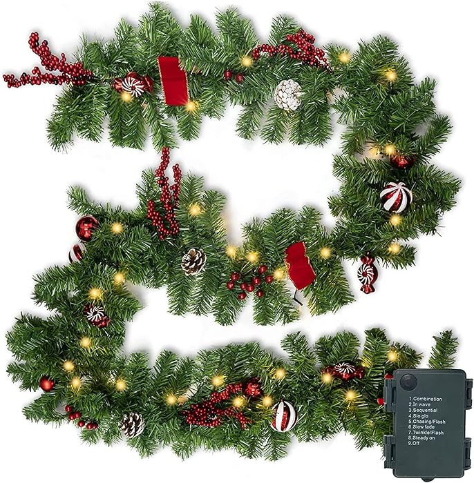 Nerosun 9FT Christmas Garland with 50LED Lights, Battery Operated Prelit Garland Christmas Decora... | Amazon (US)