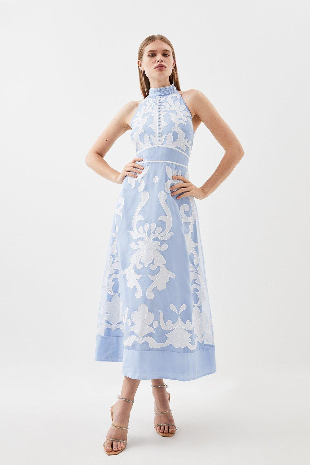 Applique Organdie Midi Woven Dress | Karen Millen US