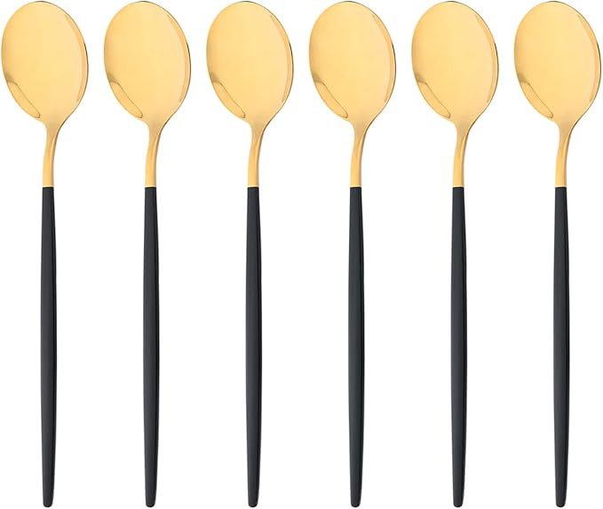 6 Pieces Black Gold Dessert Spoons, 7.28-Inches Food Grade Stainless Steel Spoons for Dessert Sal... | Amazon (US)