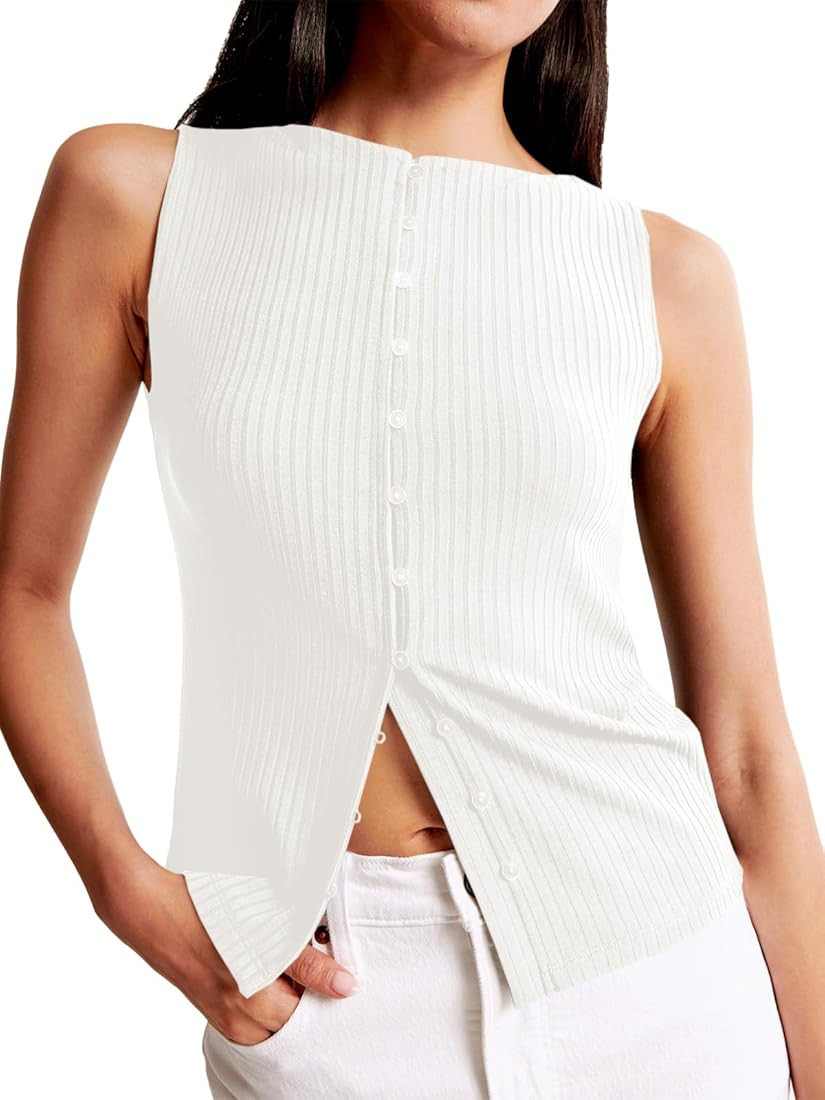 Tankaneo Womens Ribbed Knit Button Down Tank Tops Summer Slim Fit Sleeveless Shirts Round Neck Cr... | Amazon (US)