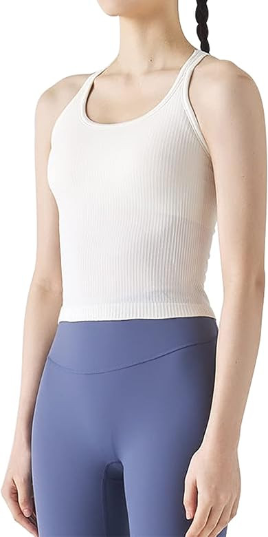 Ribbed Workout Short Racerback Tank Tops for Women with Built in Bra | Amazon (US)