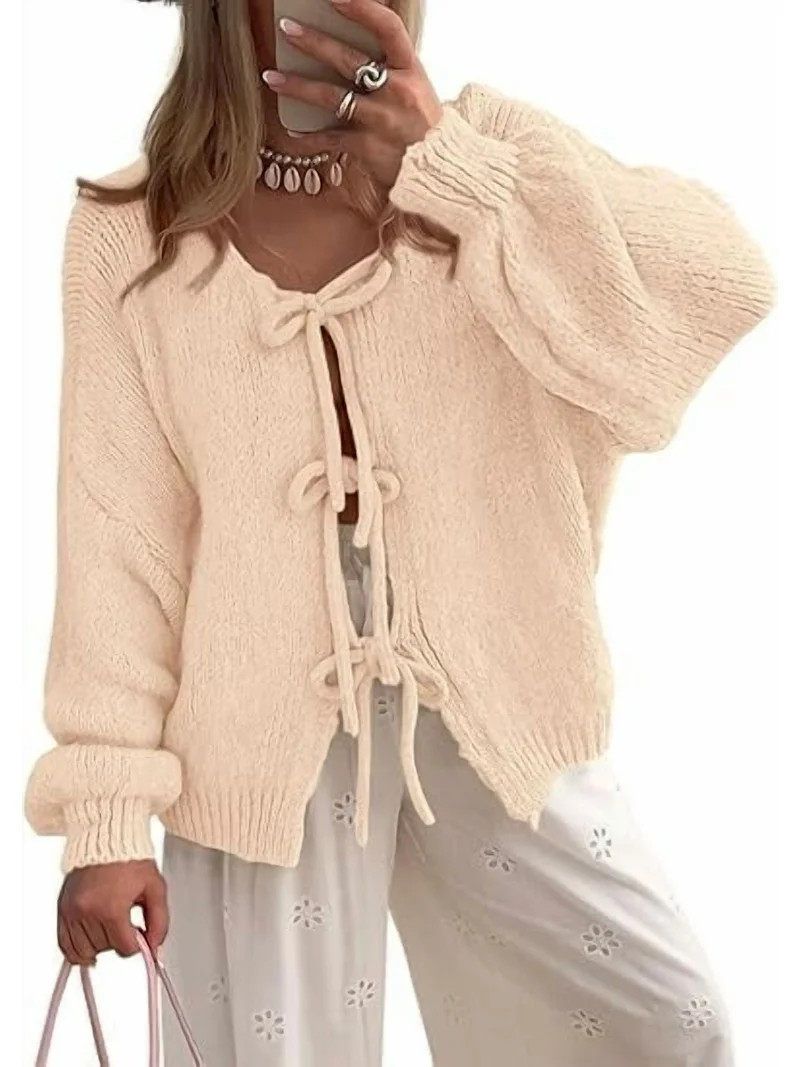 PRETTYGARDEN Women's Tie Front Bow Cardigan Sweaters Chunky Knit Long Puff Sleeve Trendy Fall Win... | Walmart (US)