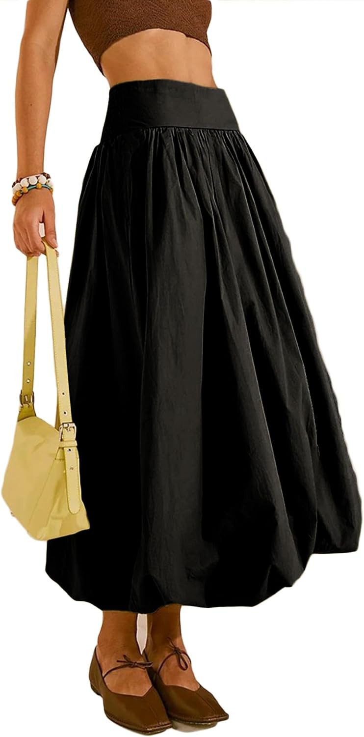 Y2K Bubble Maxi Skirts for Women A Line Long Pleated Casual Summer Skirts 2024 Elastic Waist Balloon Midi Skirt | Amazon (US)
