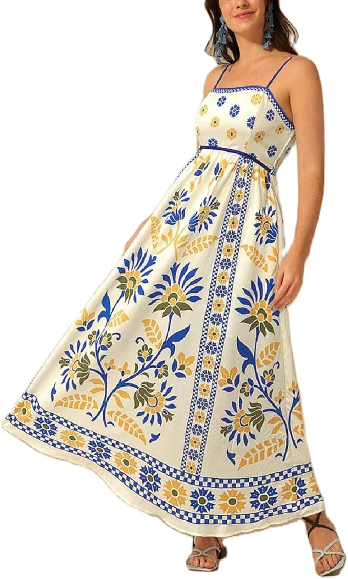 Juakoso Women Boho Graphic Maxi Dress Spaghetti Strap Square Neck Long Flowy Dress Summer Graffit... | Amazon (US)