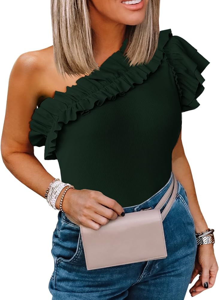 Farktop Womens One Shoulder Shirts Ruffle Sleeve Slim Fit Knitted Ribbed Summer Tops | Amazon (US)