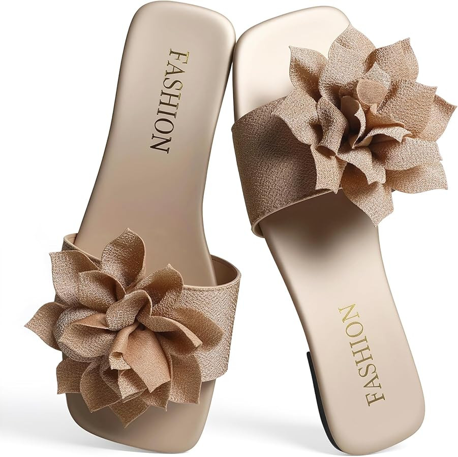 Women's Square Toe Flat Sandals with Flower & Bow, Soft Slide Open-Toe Summer Slippers, Cute Faux... | Amazon (US)