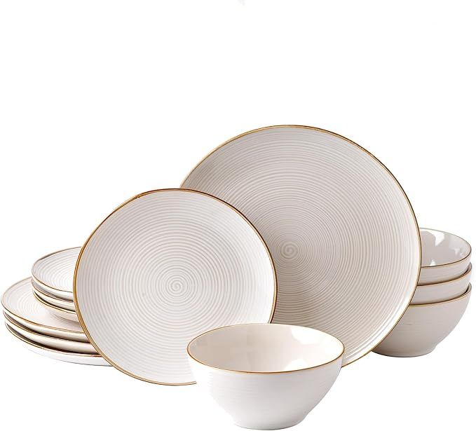 famiware Plates and Bowls Sets for 4, 12 Pieces Stoneware Dinnerware Sets, Dishes Set, Reactive G... | Amazon (US)