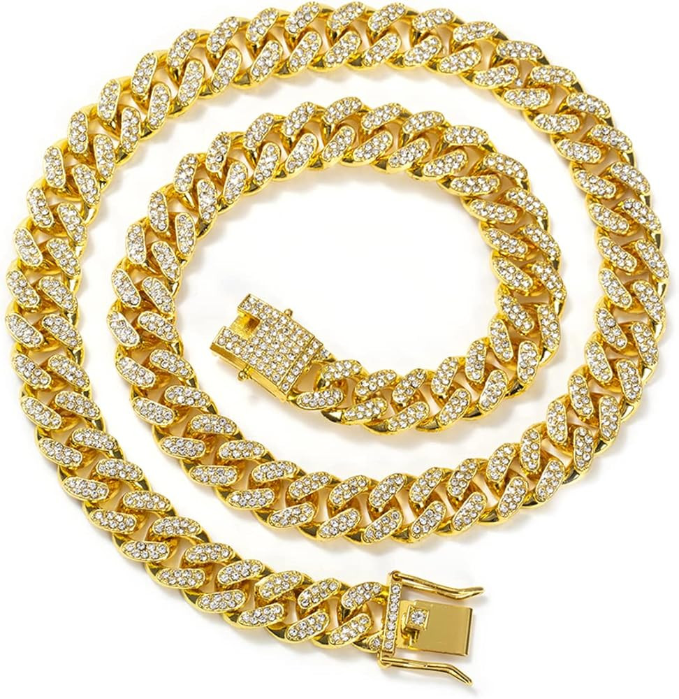 HUITIAN Women Mens Cuban Link Chain Gold Silver Bling Miami Cuban Necklace Diamond Chain for Men ... | Amazon (US)