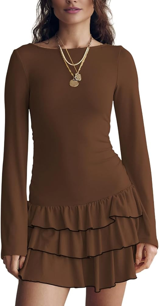 HESUUIO Womens Fall Long Sleeve Mini Dress Casual Layered Ruffle Hem Short Going Out Dresses | Amazon (US)