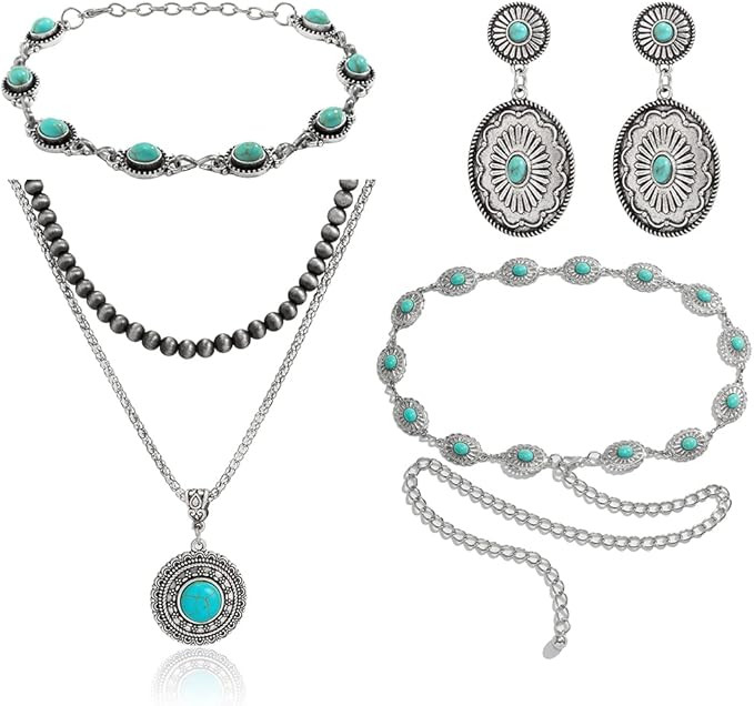 Salircon Vintage Western Jewelry Sets for Women Cowgirl Boho Country Turquoise Choker Necklaces E... | Amazon (US)