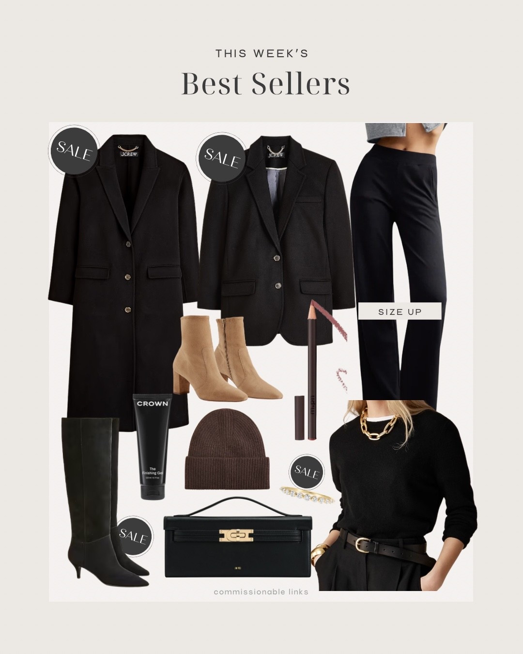 This week’s bestsellers! Coats on sale. Size down in the blazer - it’s very oversized! Knit pants perfect for travel. Cashmere crewneck. Cashmere beanie. Suede boots. Top handle clutch. Hair gel. Lip liner I love  

#LTKSaleAlert #LTKGiftGuide #LTKSeasonal