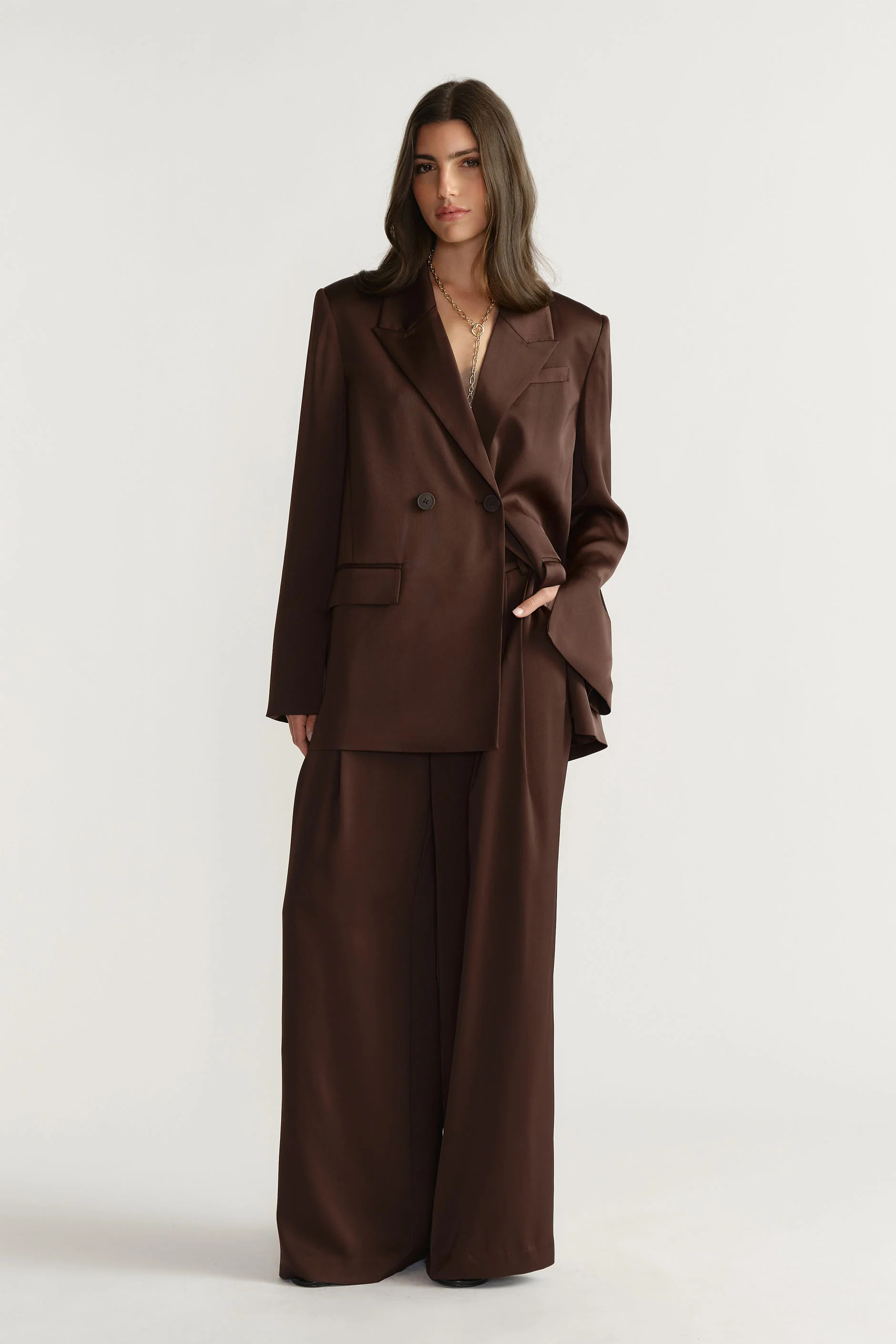 Sadie Satin Pleated Pant - Espresso | DECJUBA