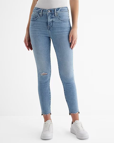 Mid Rise Light Wash Ripped Raw Hem Cropped Skinny Jeans | Express