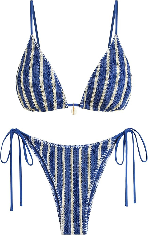 ZAFUL Women's Triangle Bikini Set Crochet String Cheeky Swimsuit Sexy Halter Lace 2 Piece Bathing... | Amazon (US)