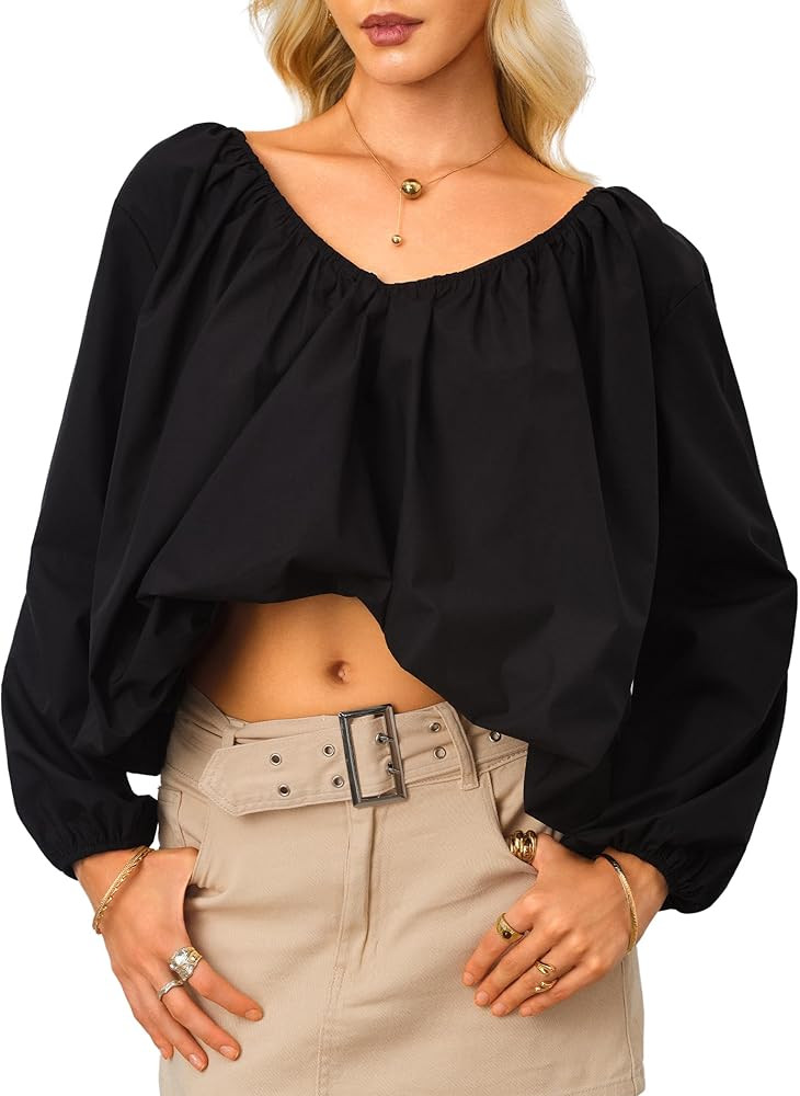 CSDAJIO Lantern Long Sleeve V Neck Blouse for Women Puffy Bubble Hem Shirt Top | Amazon (US)