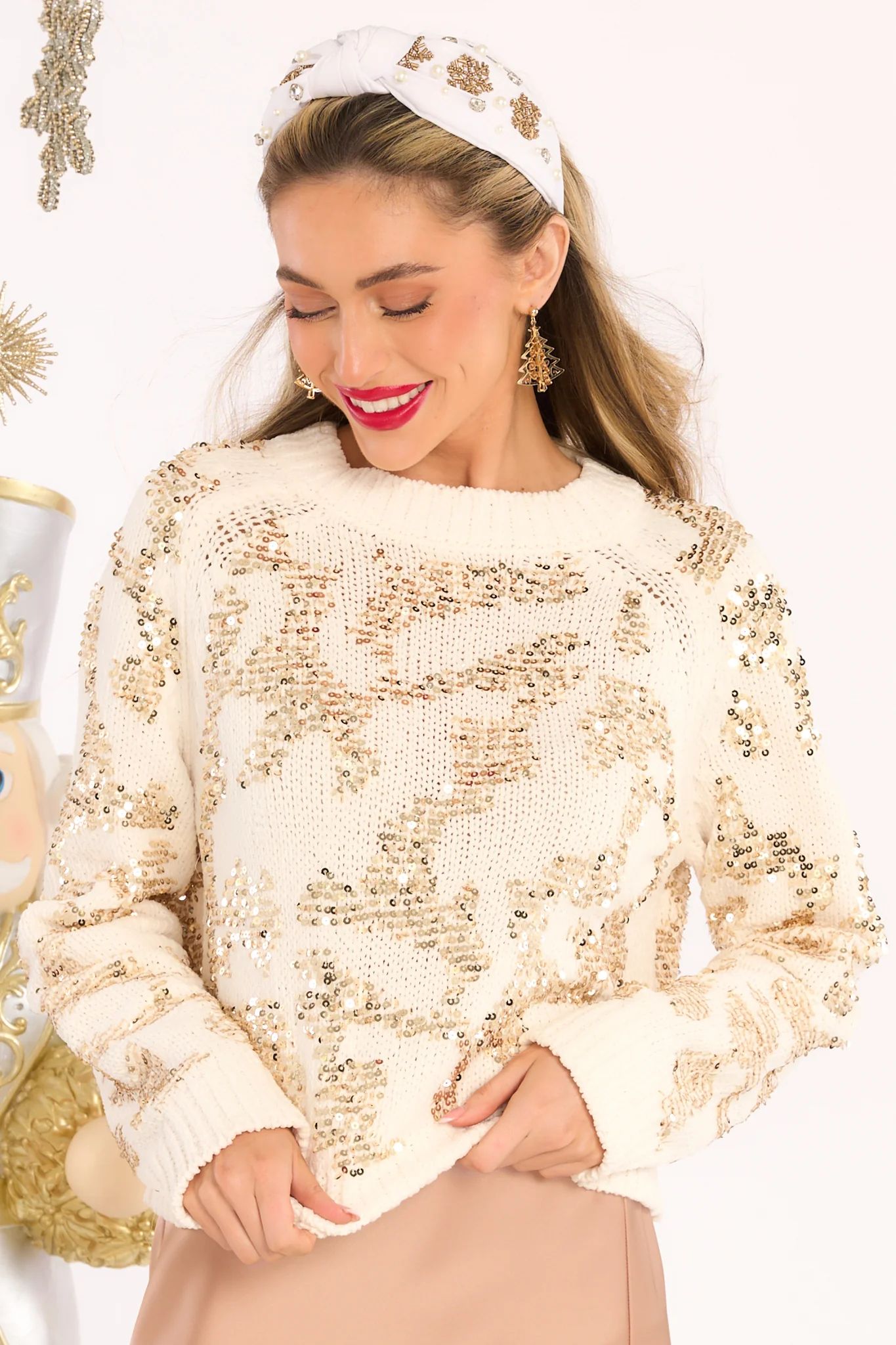 Stay Classy Ivory And Gold Sequin Sweater | Red Dress 