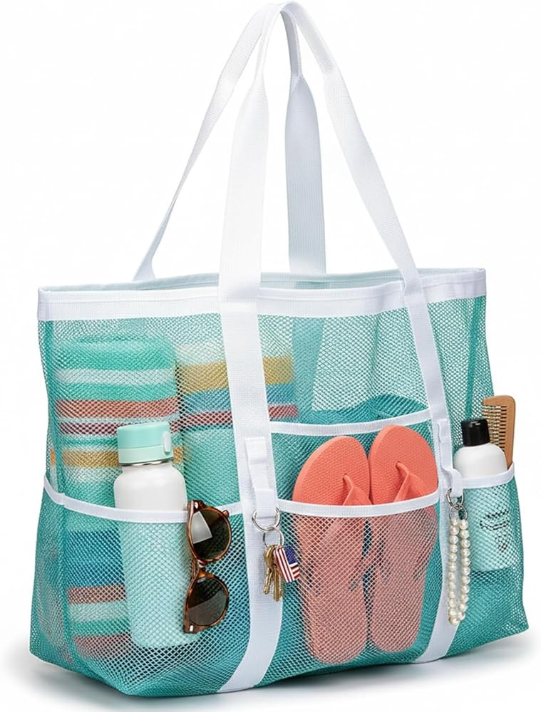 F-color Mesh Beach Bag Family - Large Tote Bag 9 Pockets for Swim Pool Toys Cruise Beach Vacation... | Amazon (US)