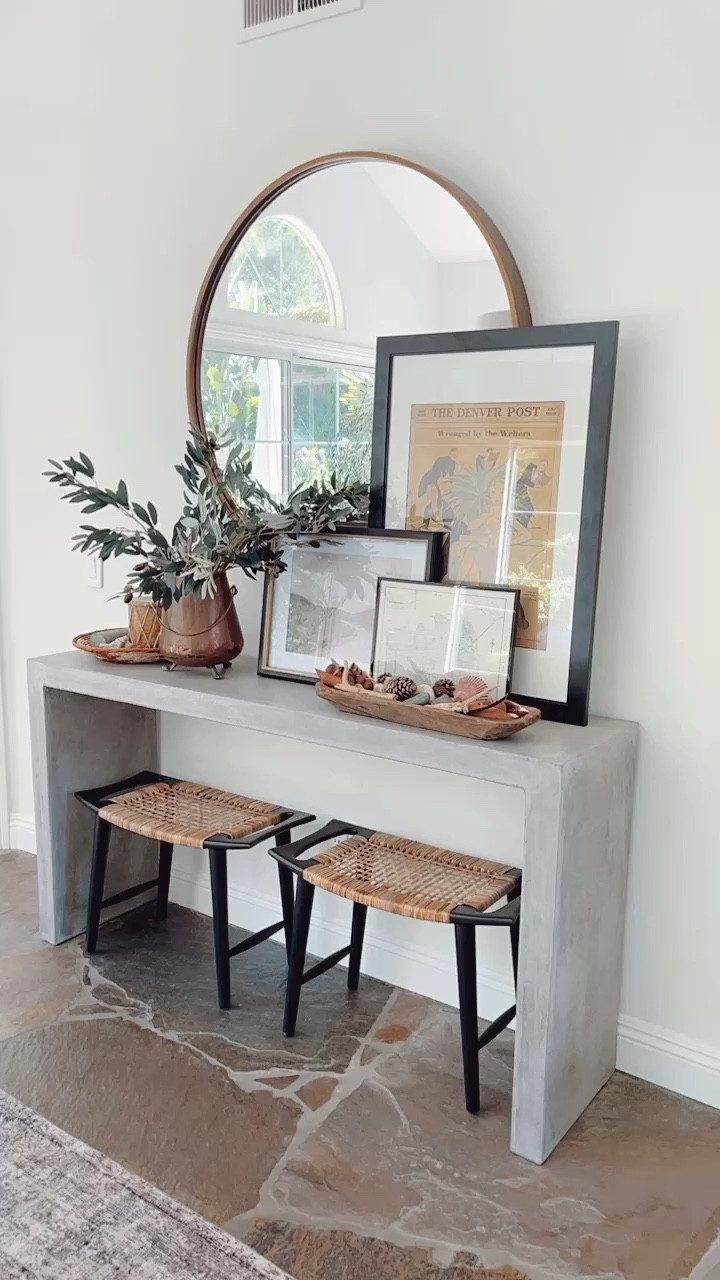 Finally finished this wall in our dining room. I was searching for the perfect stools to go under the console table and it took a while. 

I have to admit, I feel the stools were a bit over priced BUT I was very limited on size and they are the perfect fit. I do also love the way they look! 👏🏻

#consoletable #entryway #roundmirror #bench #entrywaymirror

#LTKhome
