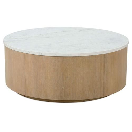 Donna Modern Classic White Marble Top Brown Oak Base Round Drum Coffee Table | Kathy Kuo Home