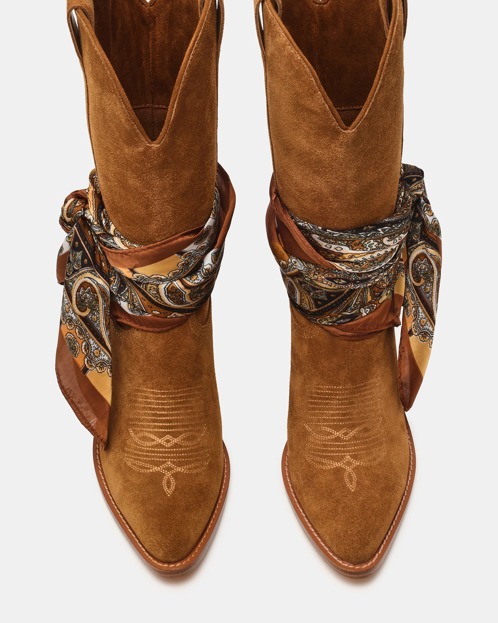 SALLY SCARF Chestnut Suede Pointed-Toe Western Block Heel Women's Boot | Steve Madden (US)