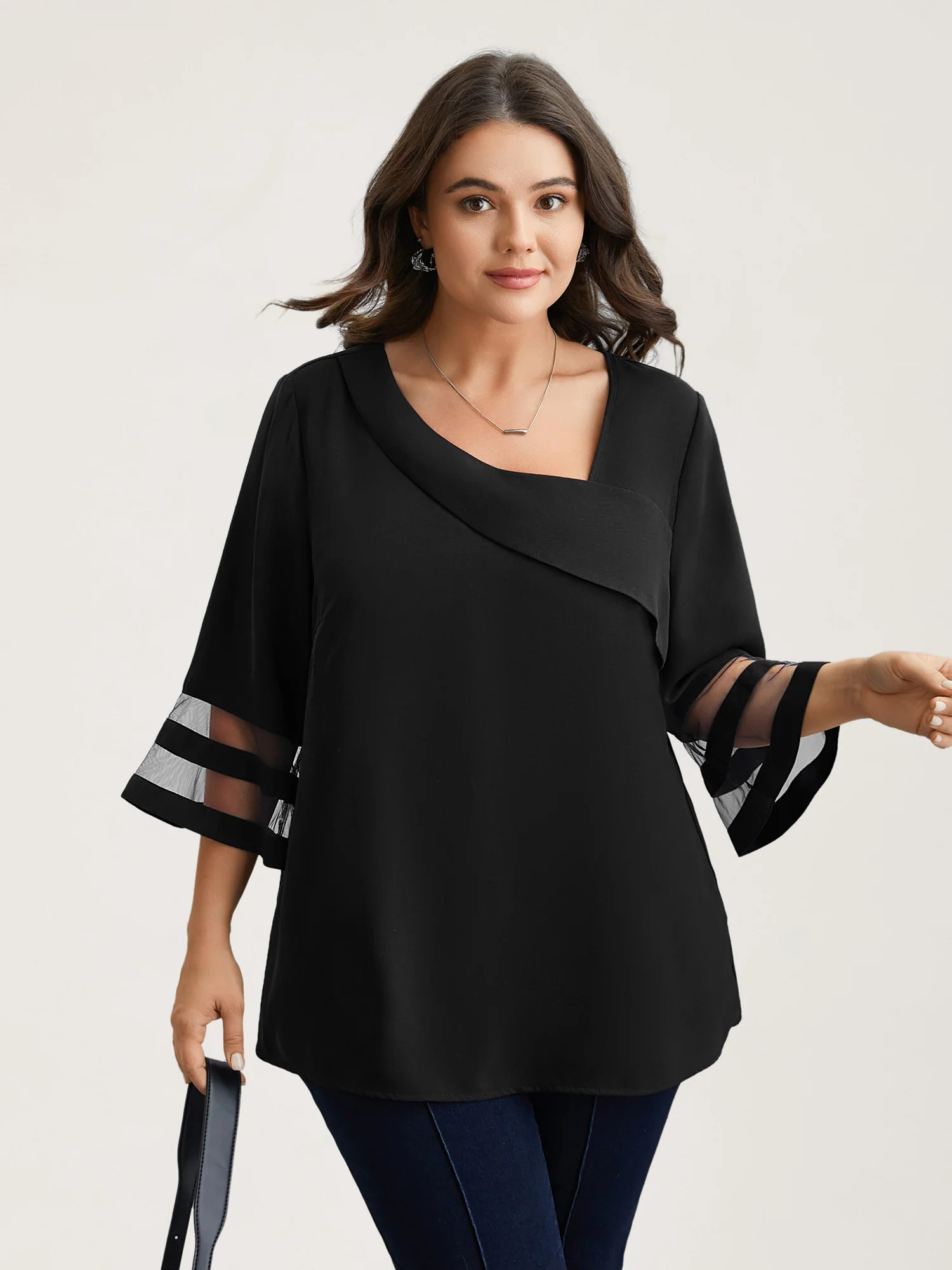 Sheer Sleeve Patchwork Asymmetrical Neckline Blouse | Bloomchic