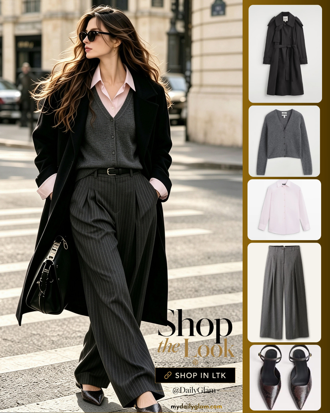 Parisian Office Chic｜Pinstripe Trousers + Long Black Coat Fall Outfit

#ParisianStyle #FallWorkOutfit #WideLegTrousers #LongBlackCoat #QuietLuxury #OfficeChic #FrenchStyle #AutumnOutfit #SlingbackHeels #LayeredOutfit #35plusstyle #CityStreetStyle 

 #LTKootd #LTKOver40 #LTKWorkwear