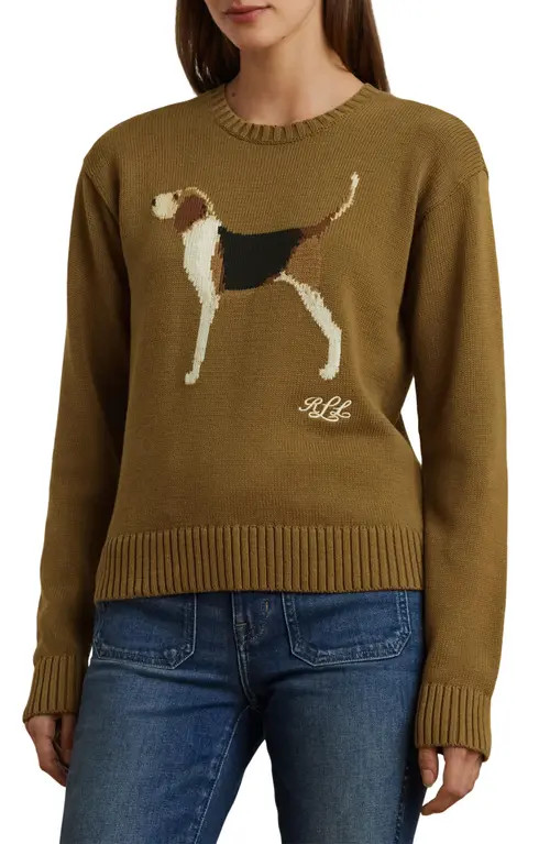 Lauren Ralph Lauren Intarsia Beagle Cotton Sweater in Honey Tan at Nordstrom, Size Xx-Large | Nordstrom