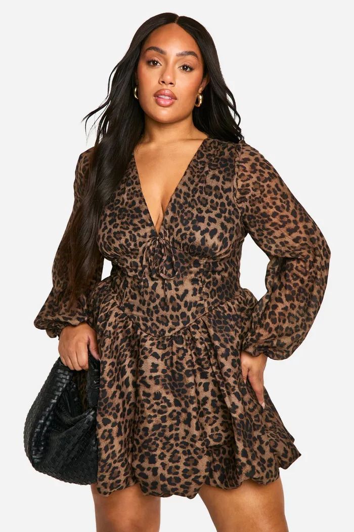 Plus Milkmaid Woven Leopard Bubble Hem Skater Dress | boohoo (US & Canada)