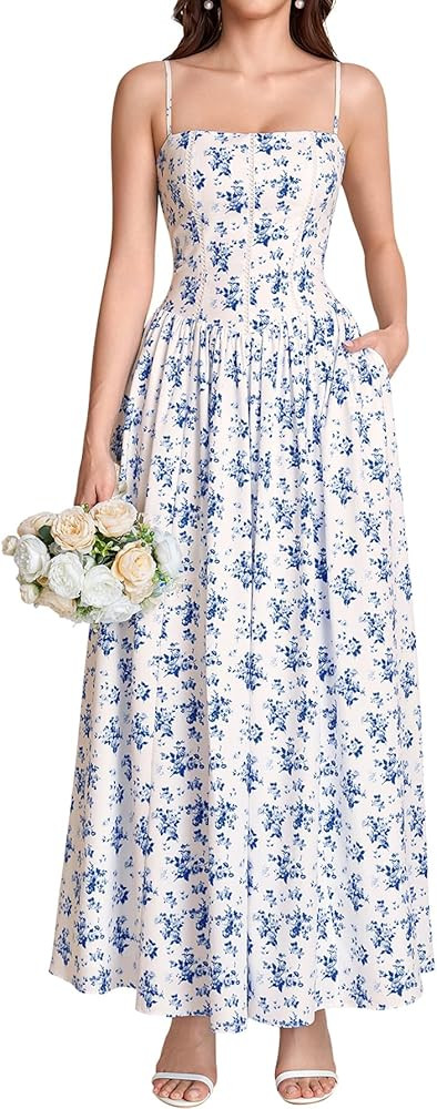 KUTUMAI Floral Corset Long Maxi Dress Lace Up Flowy A Line Summer Wedding Guest Dresses for Women... | Amazon (US)