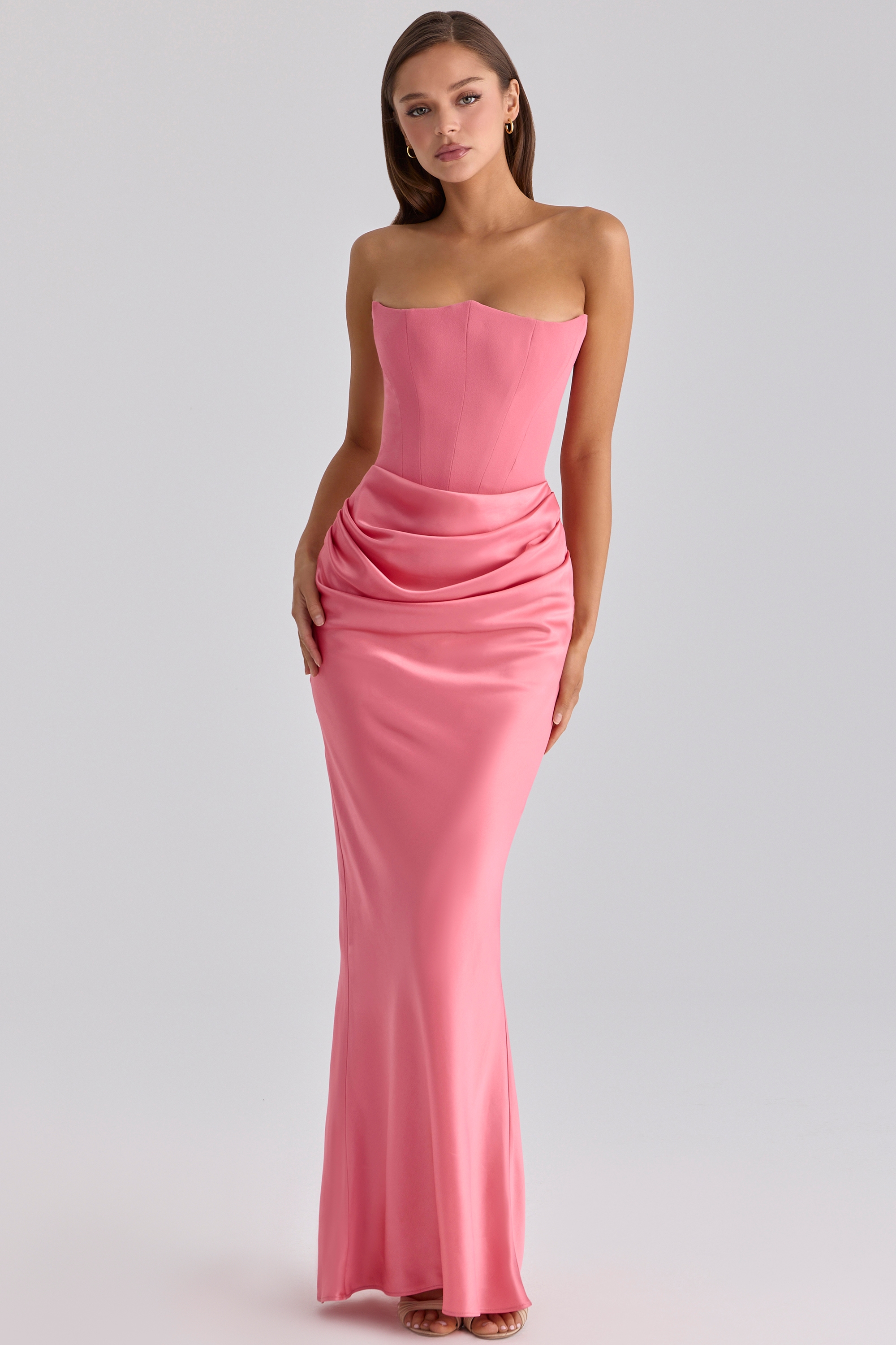raspberry satin + crepe strapless corset maxi dress | House of CB