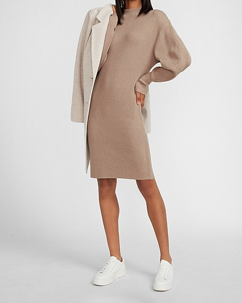 Ribbed Mock Neck Balloon Sleeve Sweater Dress | Express
