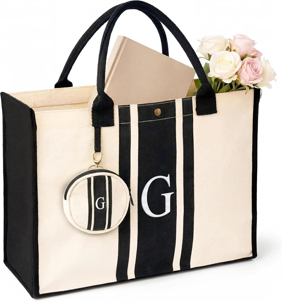 LEAFICO Initial Canvas Tote Bag \u2013 Monogrammed Gift for Women | Personalized Letter Tote for ... | Amazon (US)