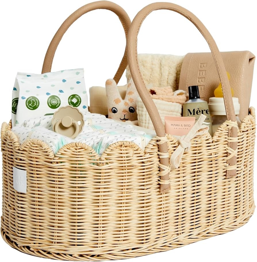 BEBE BASK Premium Baby Diaper Caddy Organizer - Scalloped Rattan Basket | Amazon (US)